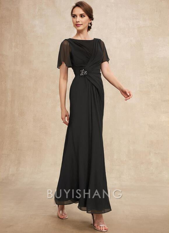 Buyishang Elegant A-line Scoop Ankle-Length Mesh Mother of the Bride Dress With Pleated Beading